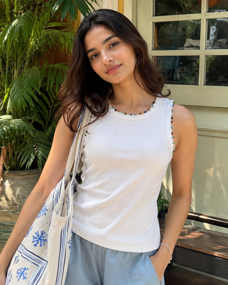 Essenzza - White Multicolor Beaded Tank Top