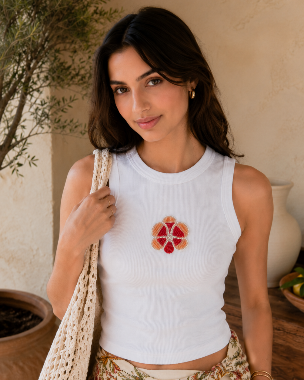 Essenzza - White Floral Beaded Tank Top